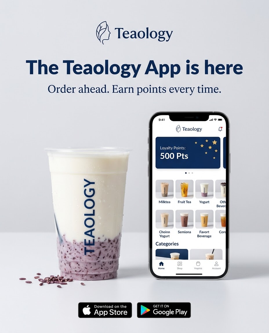 Post 01 design: launch poster with cup, phone and store badges