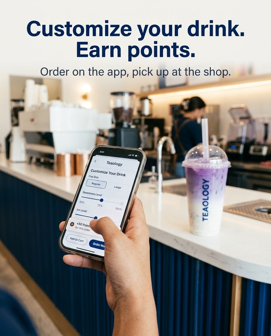 Post 03 design: hand holding phone at the shop counter, drink on the counter