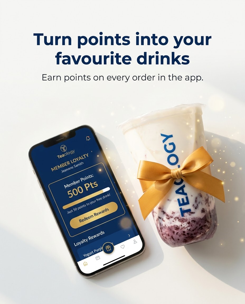 Post 04 design: phone with member points card next to a cup tied with a gold ribbon