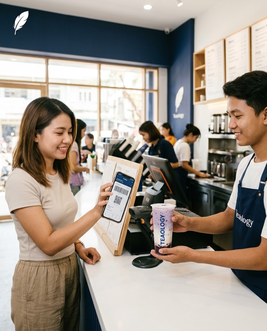 Post 07 design: customer shows member QR at the counter while staff hands over the drink
