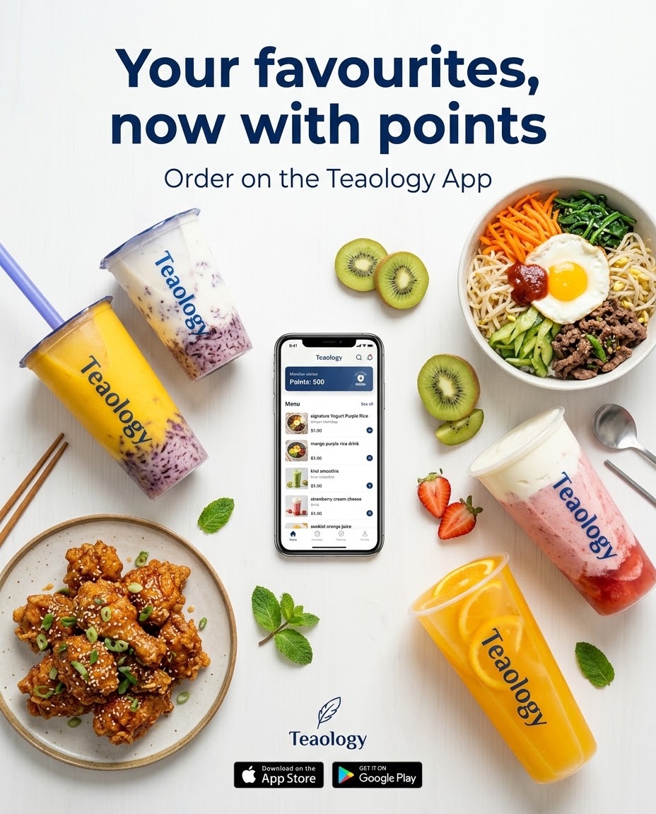 Post 09 design: flat lay of Teaology drinks, bibimbap and fried chicken around a phone